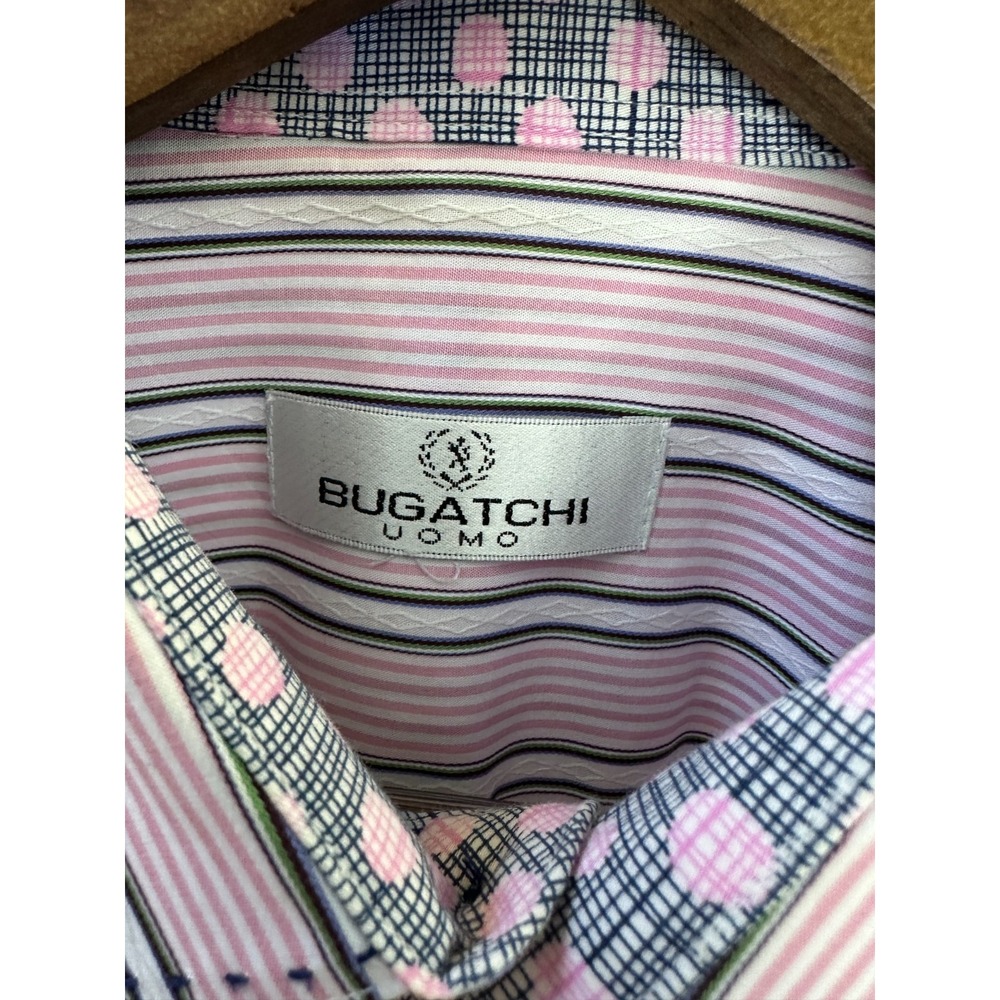 Bugatchi Uomo Pink White Striped Cotton Long Sleeve Button Down Shirt Mens Large - Picture 7 of 12